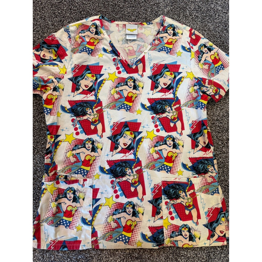 DC Comics Wonder Woman Scrub Top V-Neck Cotton Comic Pop Art Print SLL27700TC M